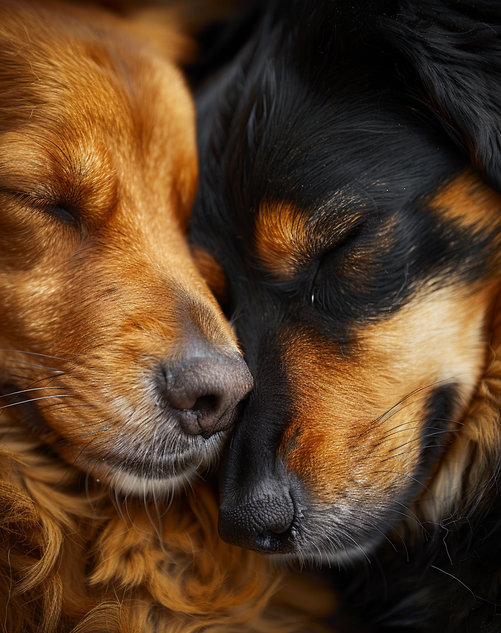صورة مولدة بالذكاء الاصطناعي: Midjourney prompt: Two dogs sleeping together, a closeup of their fac... (نموذج Midjourney - تصوير فوتوغرافي)