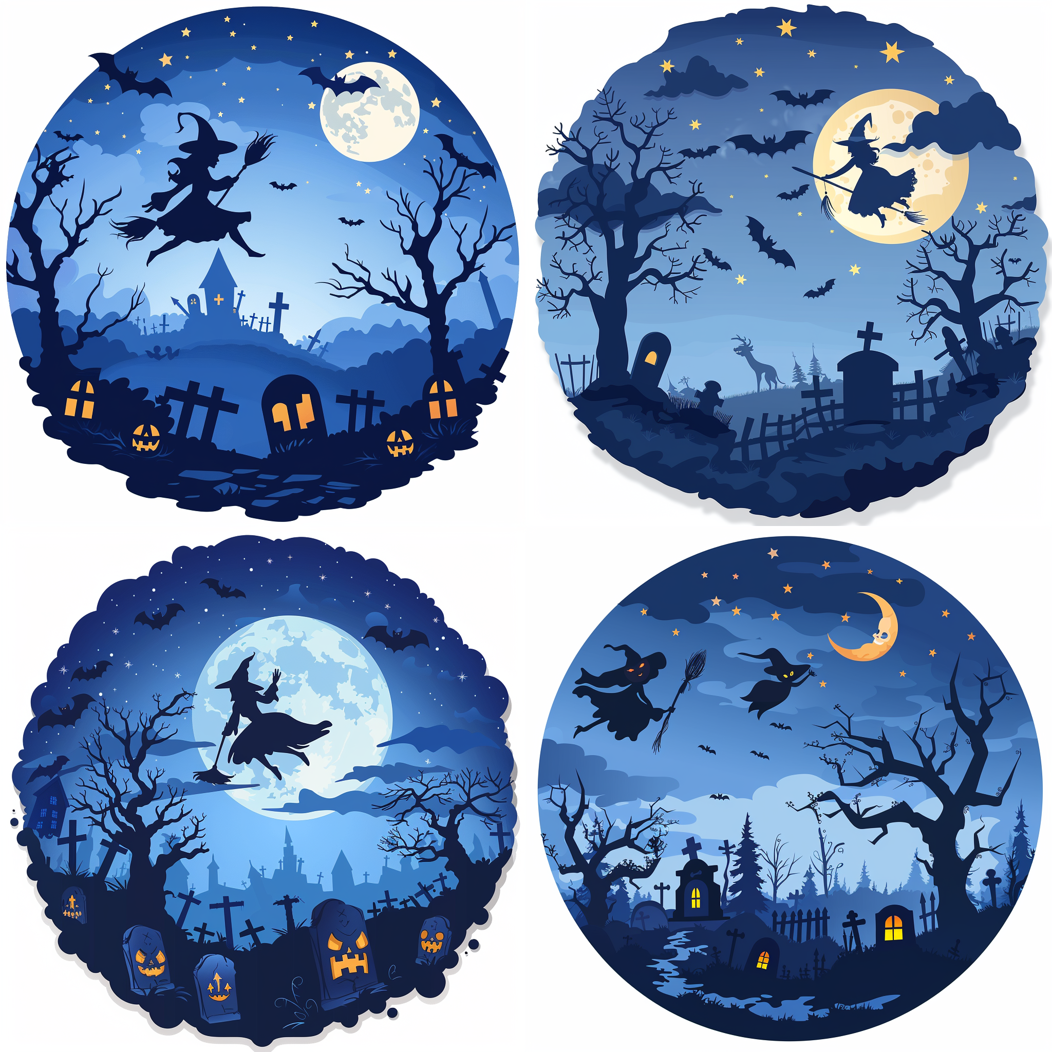 AI generated: Midjourney prompt: round clipart, silhouette of witch flying on broom... (Midjourney - Logo Icon Design)