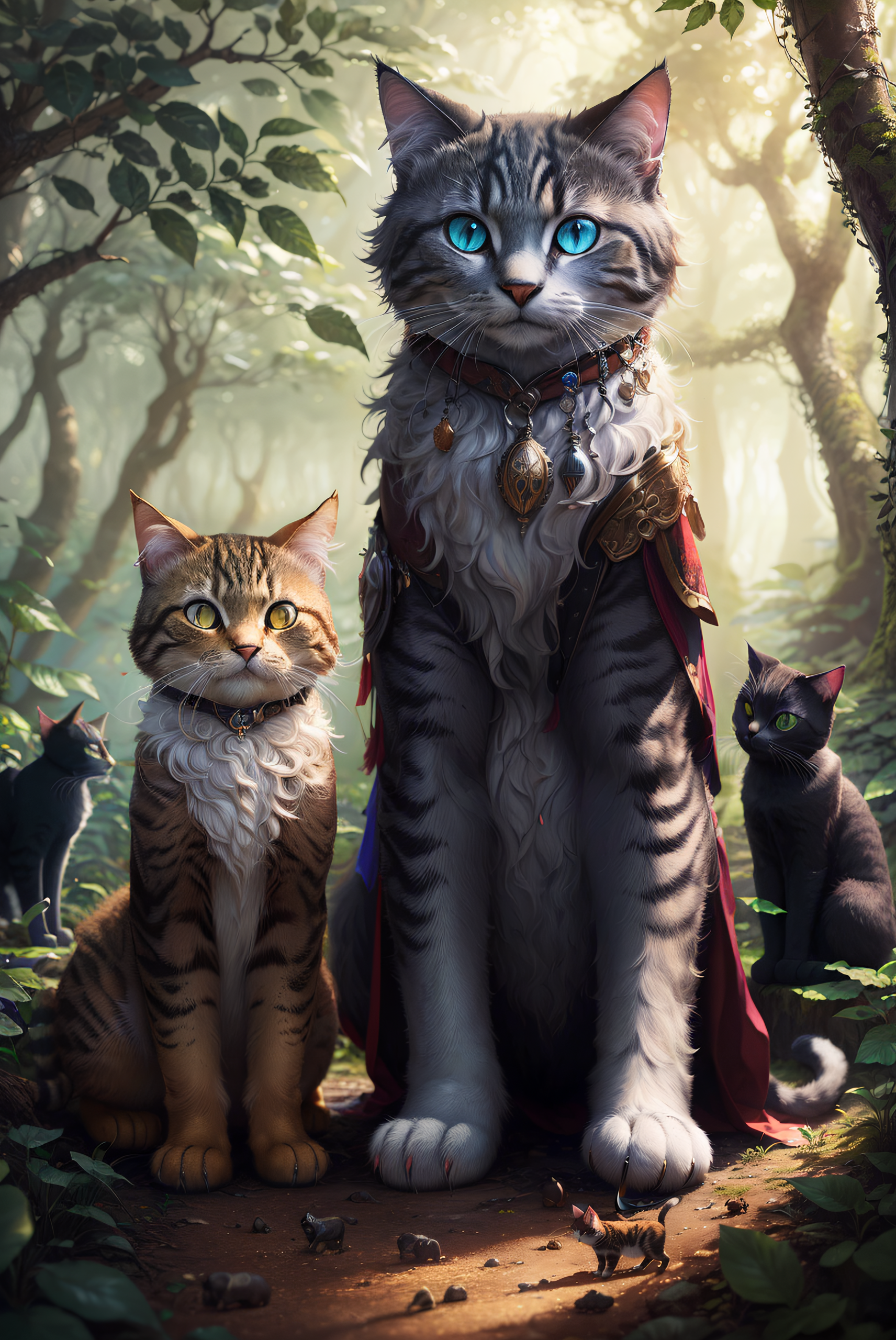 Stable Diffusion prompt: a group of cats in a (fantasy fo...