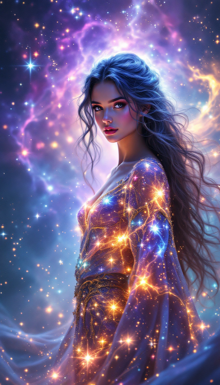 FLUX prompt: A breathtaking celestial goddess standing am...