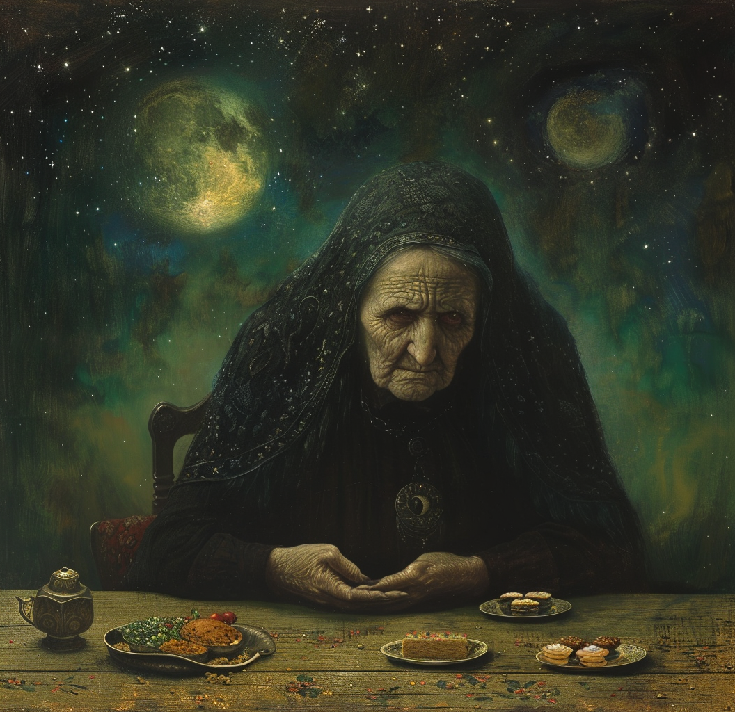 صورة مولدة بالذكاء الاصطناعي: Midjourney prompt: The fat old witch is sitting at the table with foo... (نموذج Midjourney - Character Design)