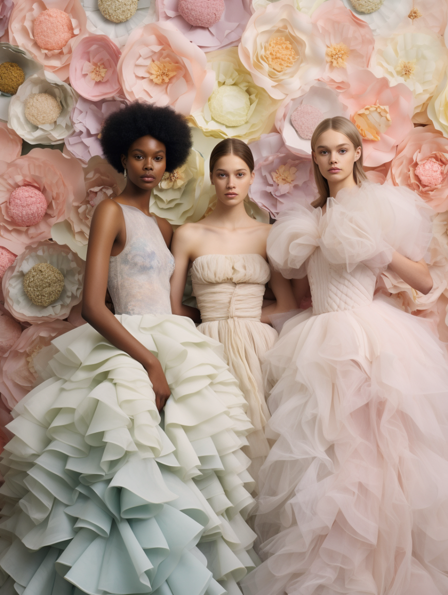 AI generated: Midjourney prompt: diverse flowers make by tule covered wall, three w... (Midjourney - Fashion)
