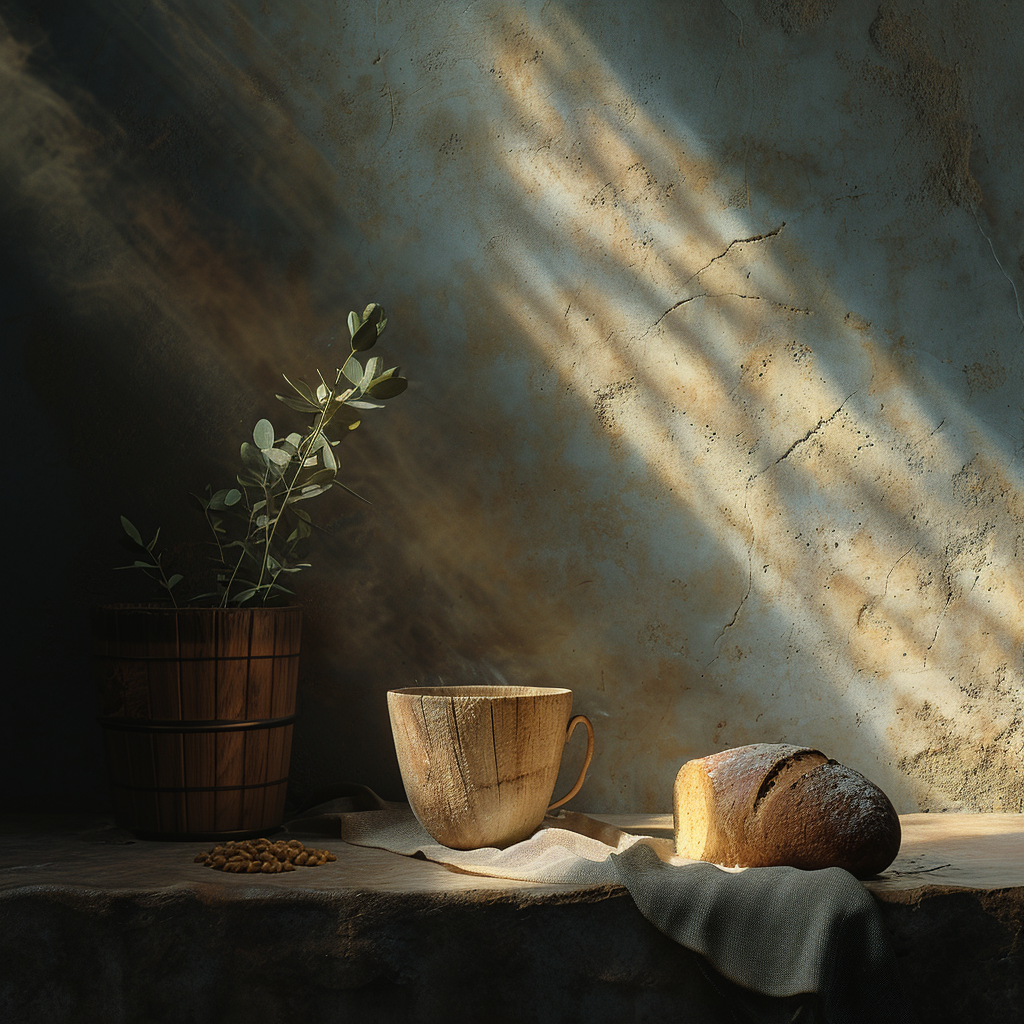 AI generated: Midjourney prompt: Holy Supper, ancient scene, image of a wooden Cup ... (Midjourney - Photography)
