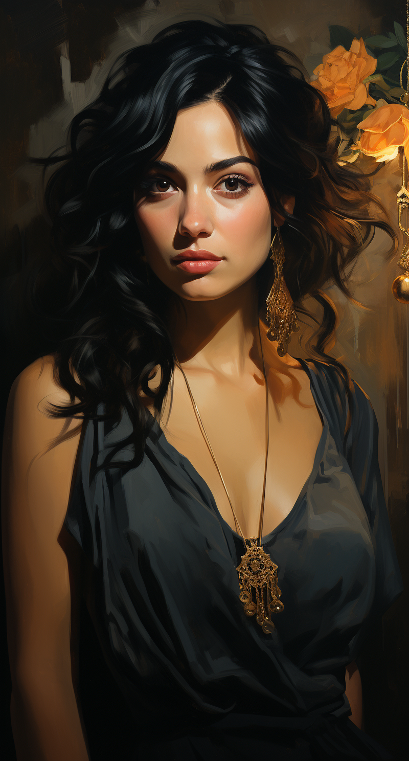Midjourney prompt: a painting of a dark-haired woman wearing gold ear... - Midjourney