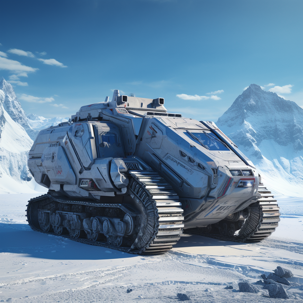 صورة مولدة بالذكاء الاصطناعي: Midjourney prompt: light armored vehicle with cabin, rolling across a... (نموذج Midjourney - مناظر طبيعية)
