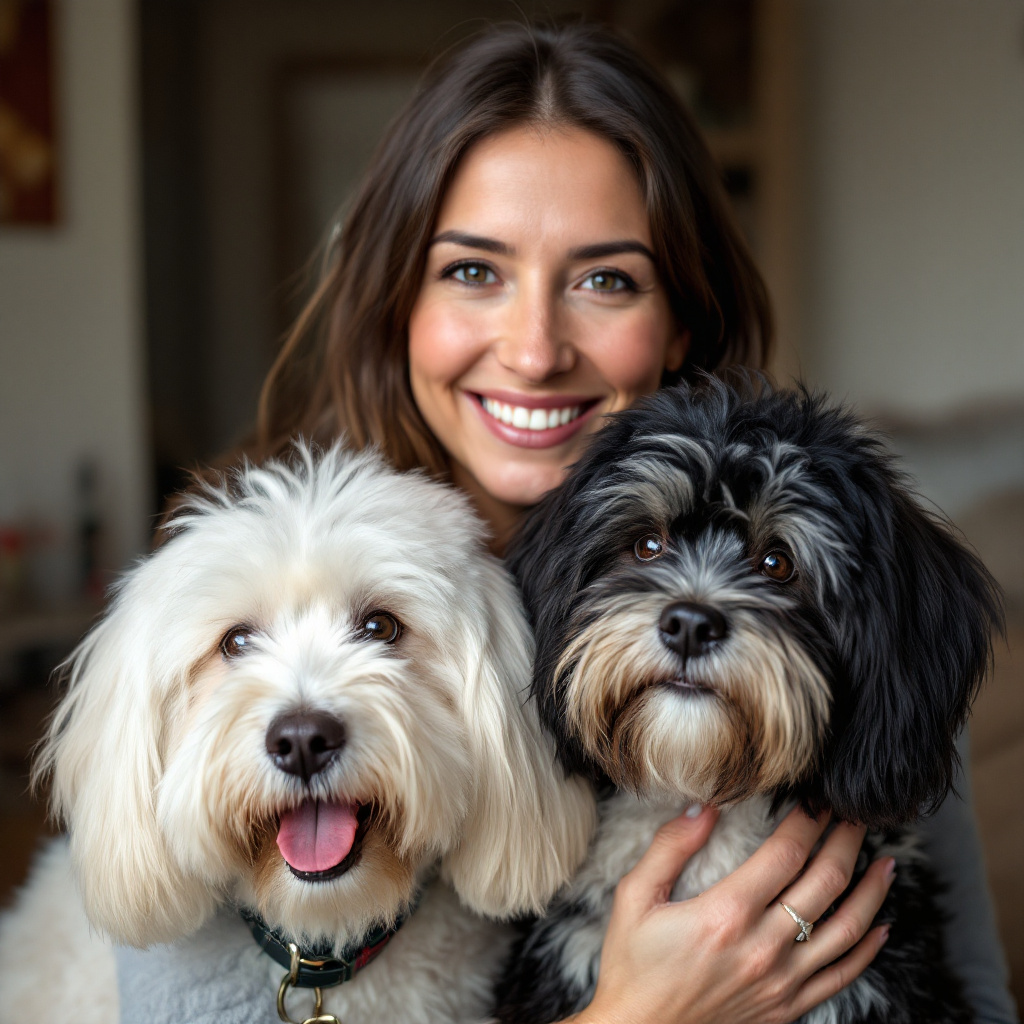 صورة مولدة بالذكاء الاصطناعي: FLUX prompt: one 45 year old woman with 2 havanese dogs, a whit... (نموذج FLUX - حيوانات وطبيعة)