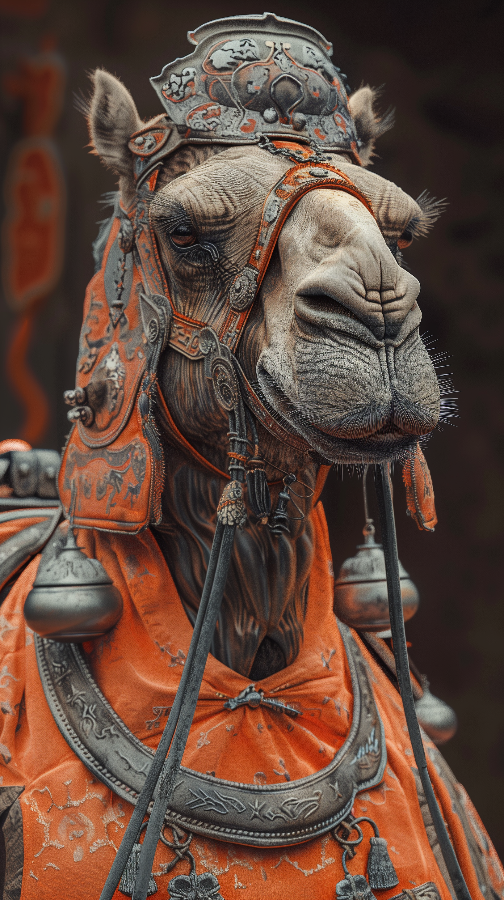 Midjourney prompt: A camel wearing Ancient Chinese orange and grey ar... - Midjourney