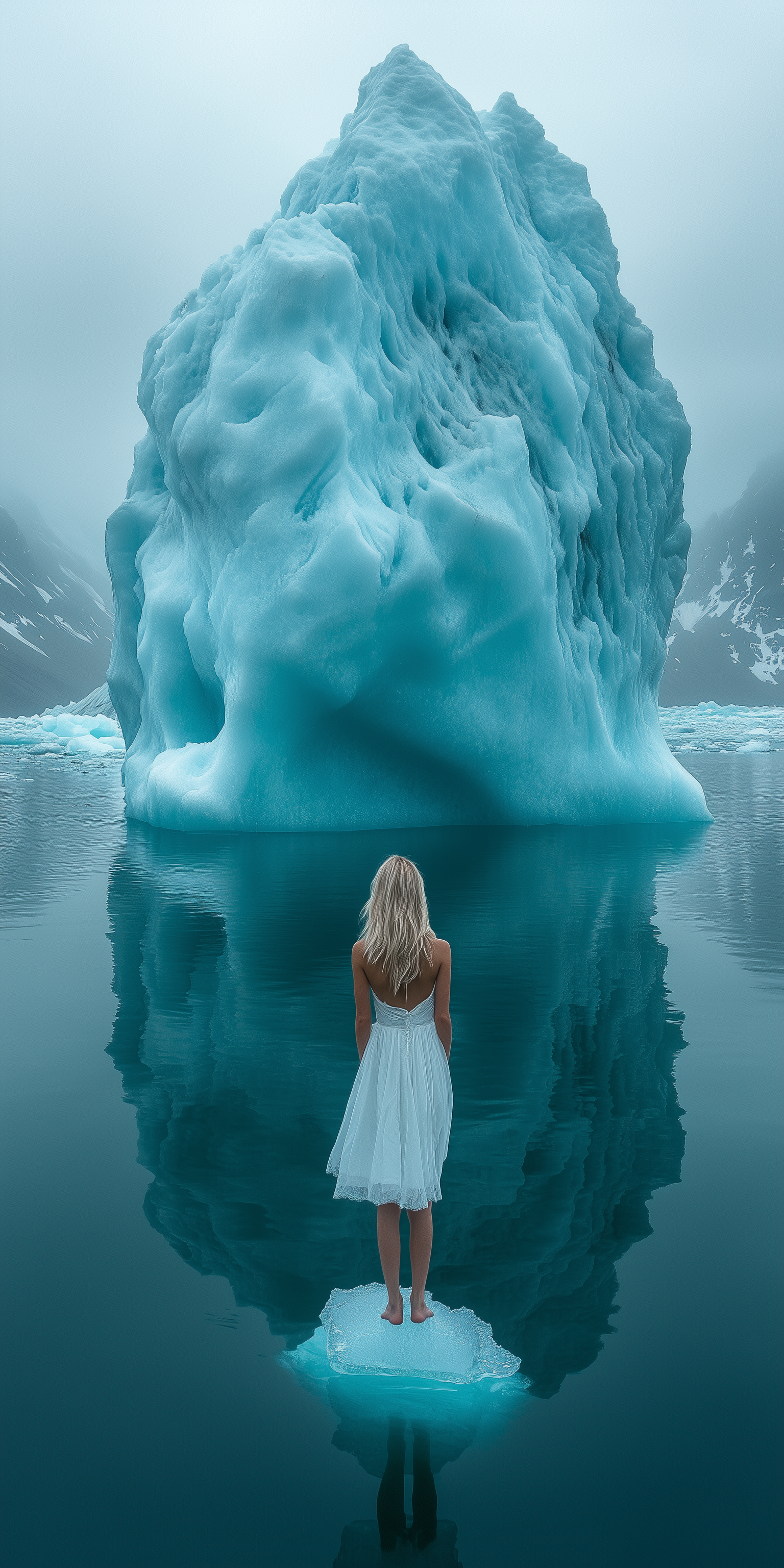 AI generated: Midjourney prompt: A blonde girl in a white dress standing at the end... (Midjourney - Portraits)