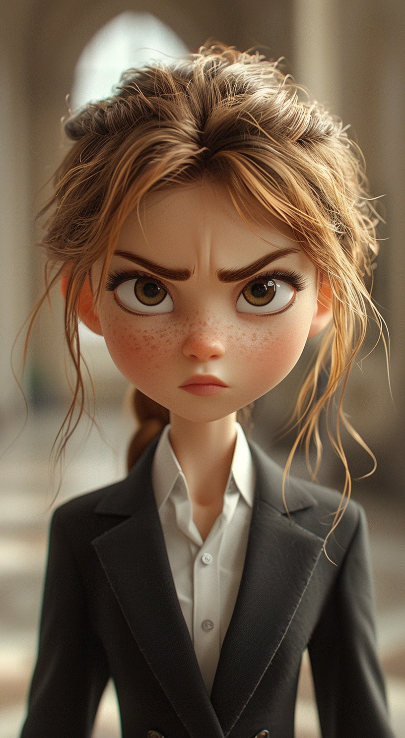 AI generated: Midjourney prompt: a young girl in a business suit with a very angry ... (Midjourney - Portraits)