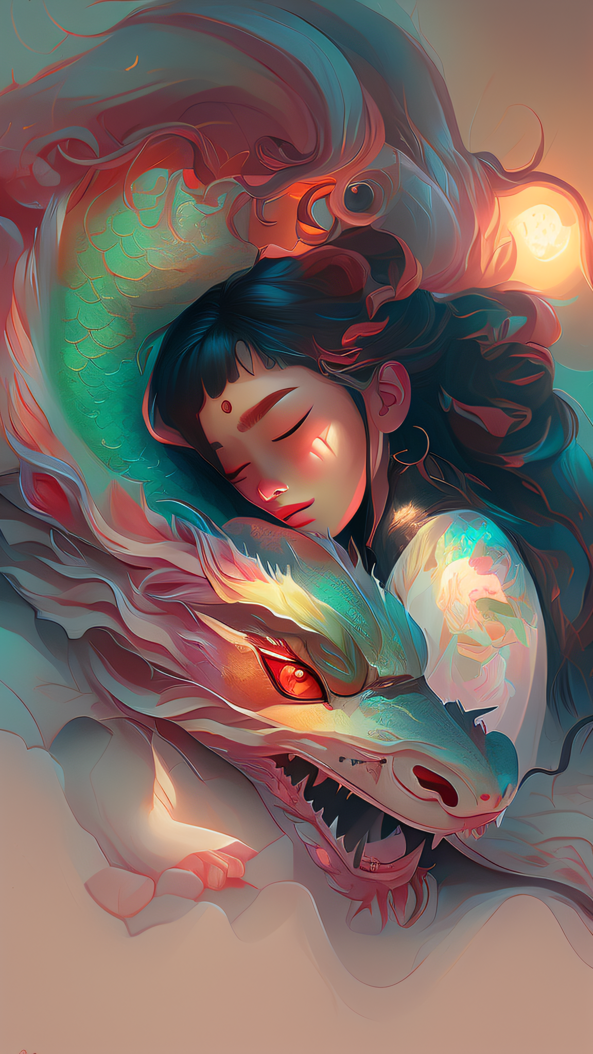 صورة مولدة بالذكاء الاصطناعي: NeverEnding Dream (NED) prompt: painting of a woman sleeping with a dragon on her ... (نموذج NeverEnding Dream (NED) - فن مفاهيمي)