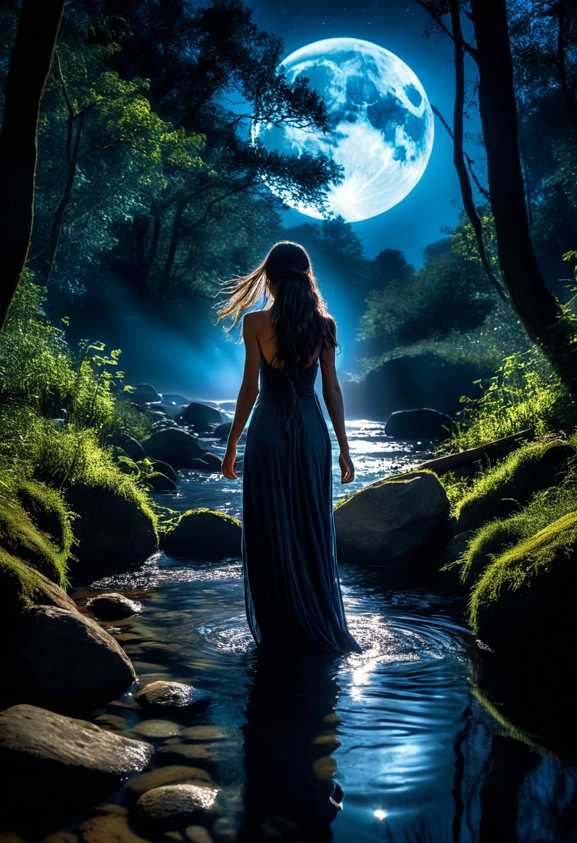 صورة مولدة بالذكاء الاصطناعي: RealVisXL V4.0 prompt: HDR photo of dark night, full moon, woman walks aw... (نموذج RealVisXL V4.0 - فن مفاهيمي)
