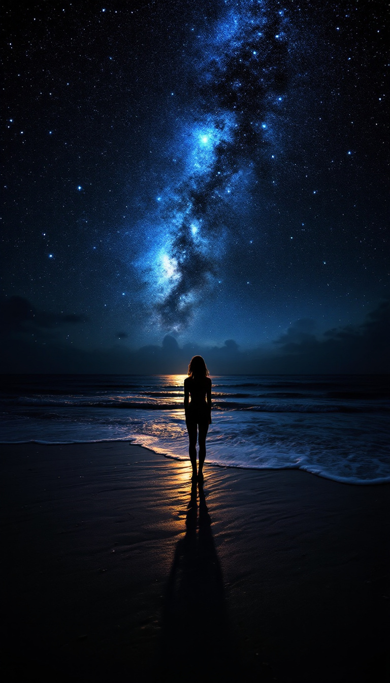 AI generated: FLUX prompt: The starry sky shines on the beach, with dark gray... (FLUX - Portraits)