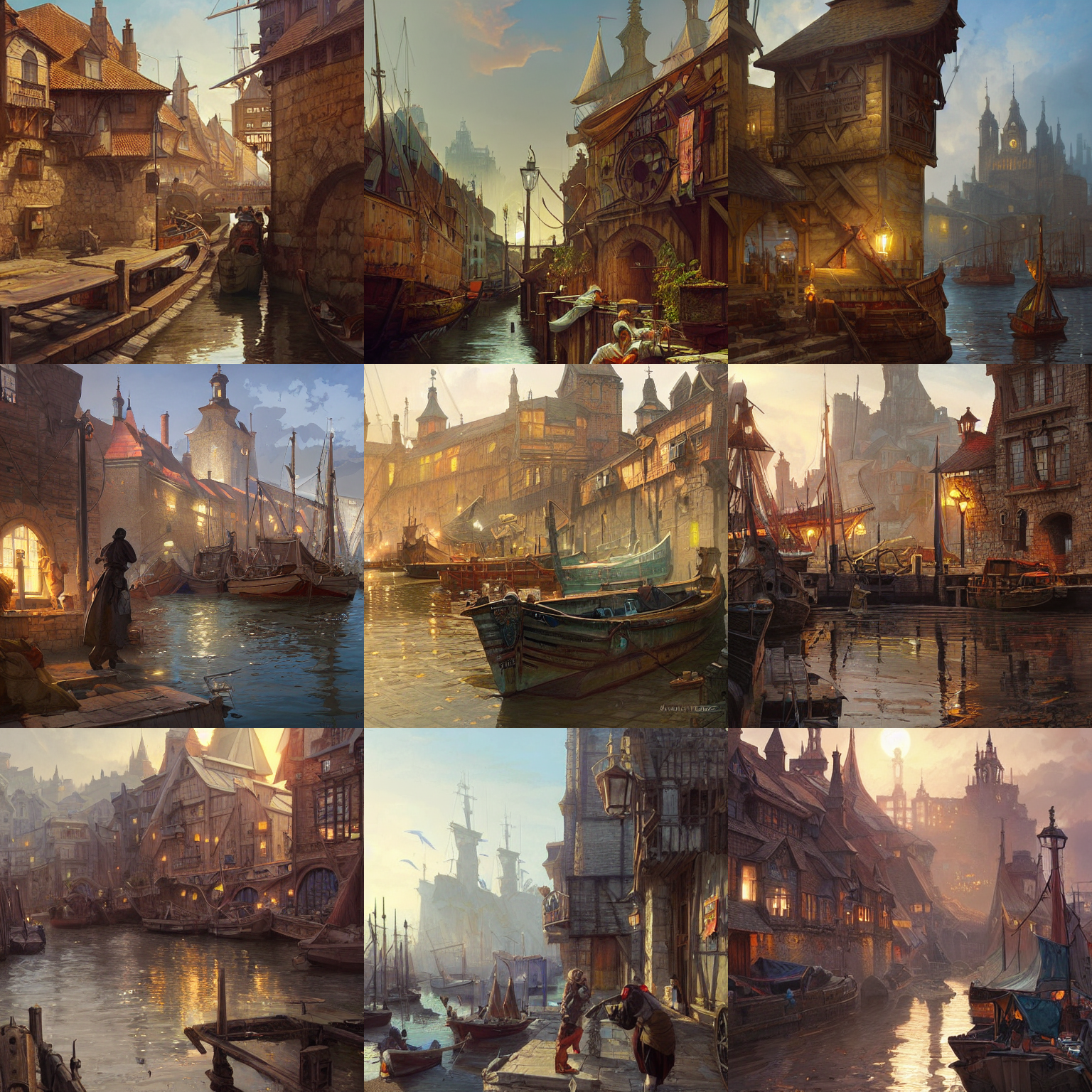 Stable Diffusion prompt: medieval port town docks, bright...