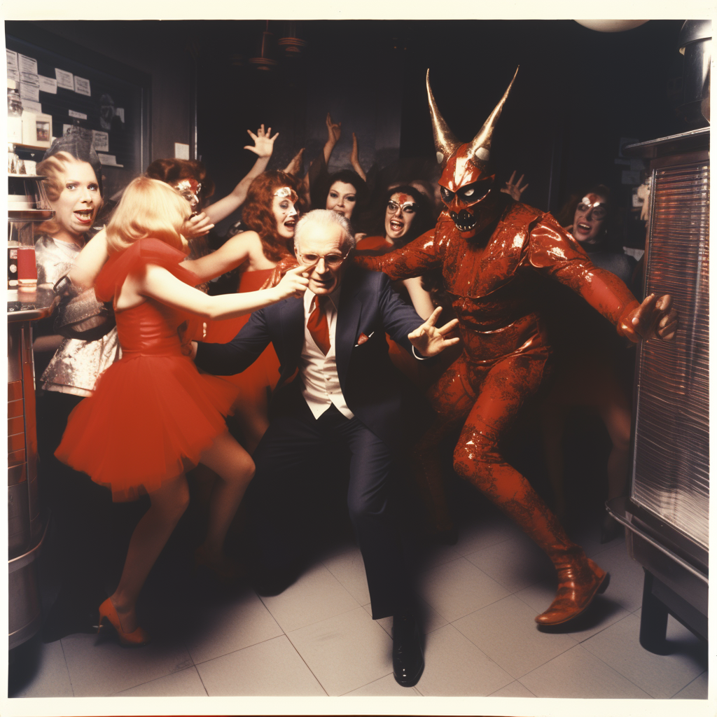 AI generated: Midjourney prompt: photo of short male devil dancing with tall female... (Midjourney - Photography)