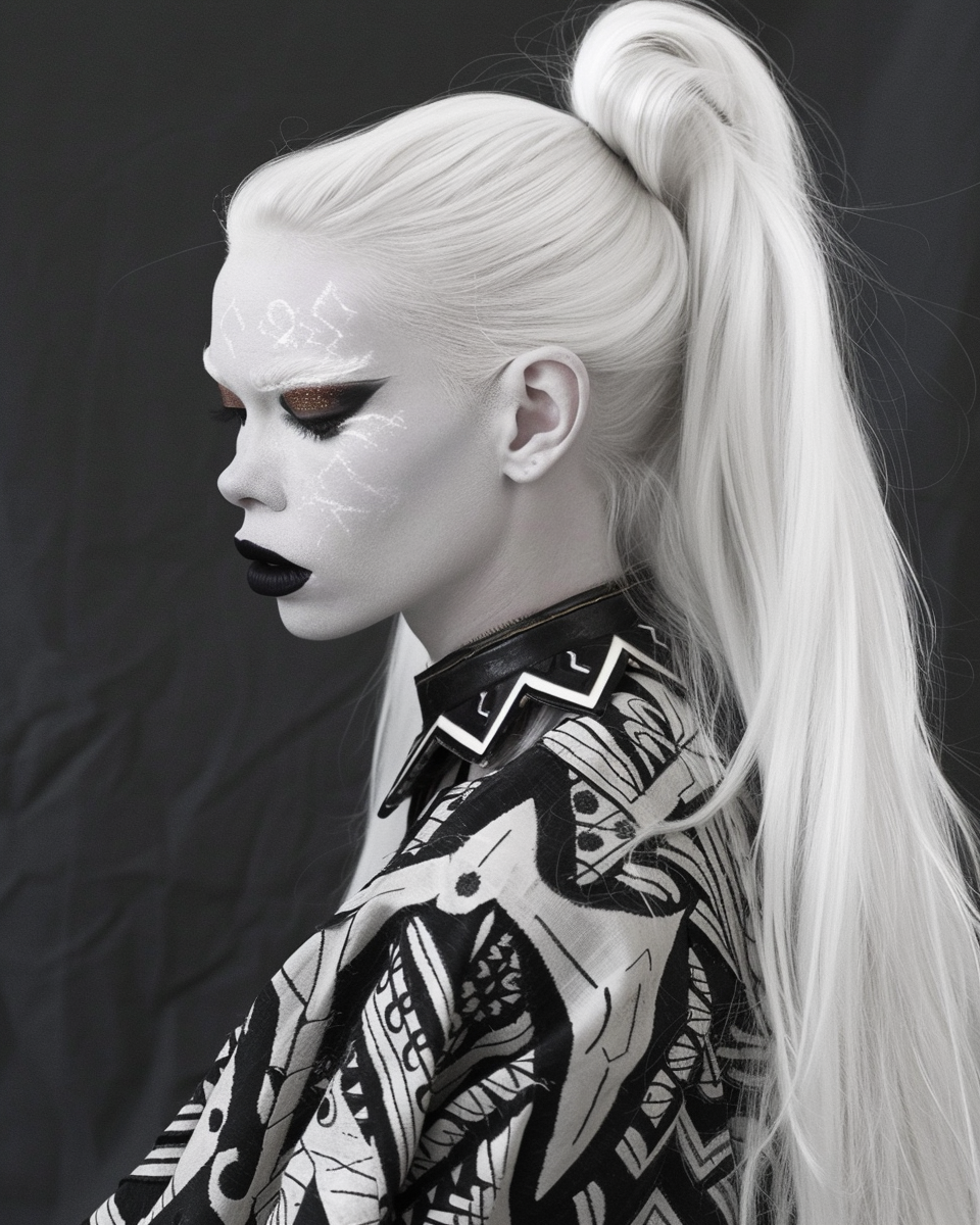 صورة مولدة بالذكاء الاصطناعي: Midjourney prompt: A beautiful albino woman with long white hair, pal... (نموذج Midjourney - صور شخصية)