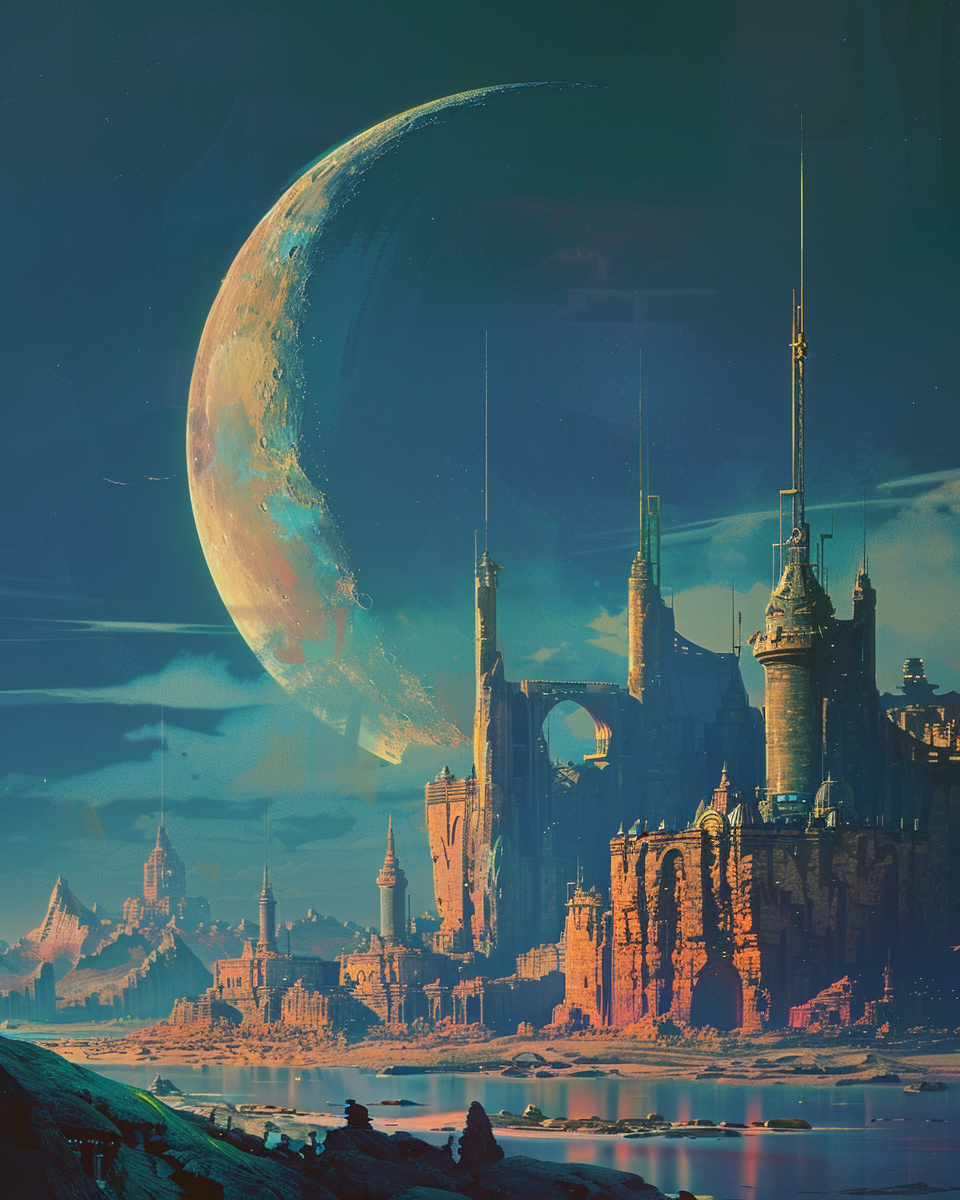 AI generated: Midjourney prompt: A colorful crescent moon over an alien city, in th... (Midjourney - Concept Art)
