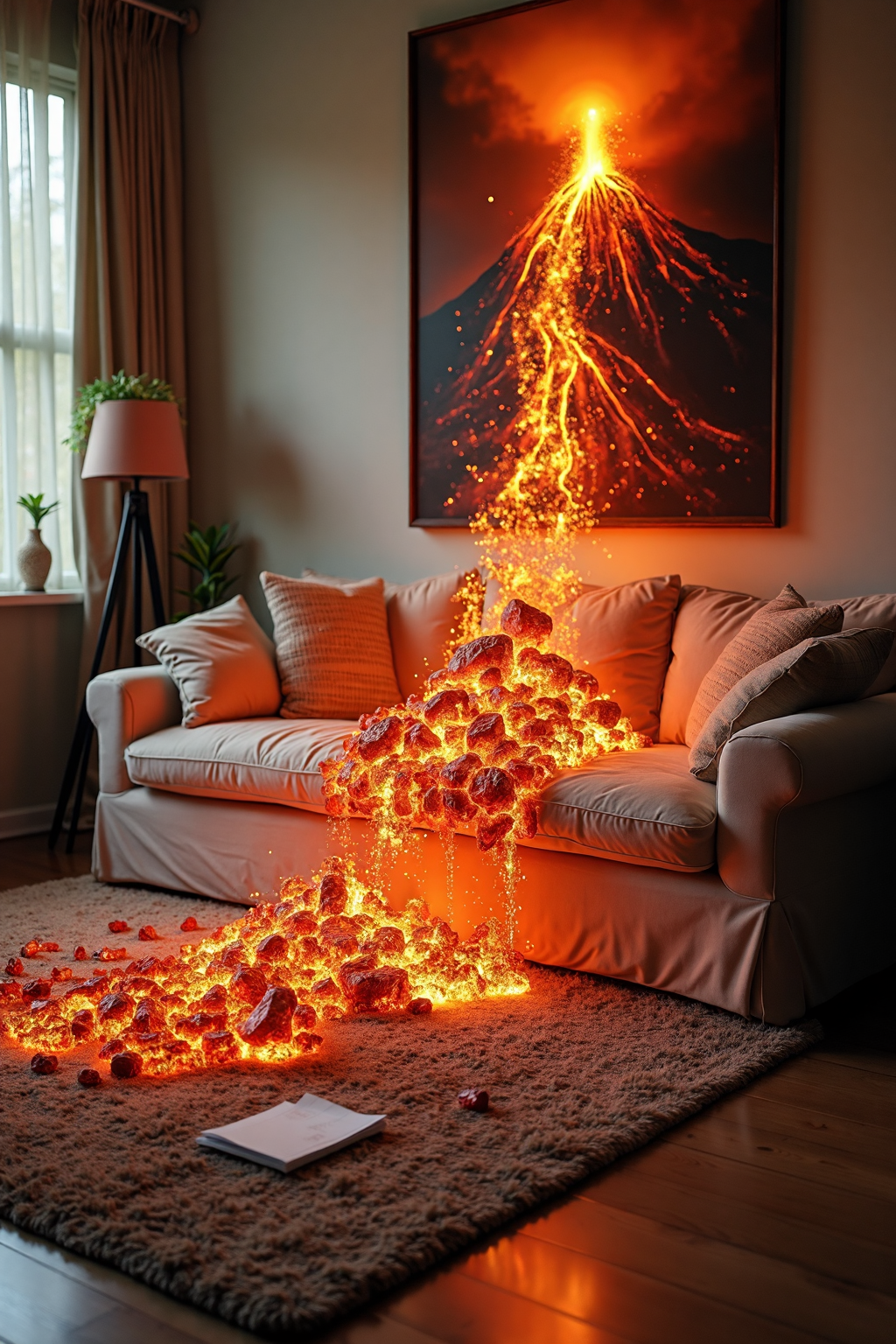 AI generated: FLUX prompt: A cozy living room features a soft sofa and a warm... (FLUX - Interior Design)