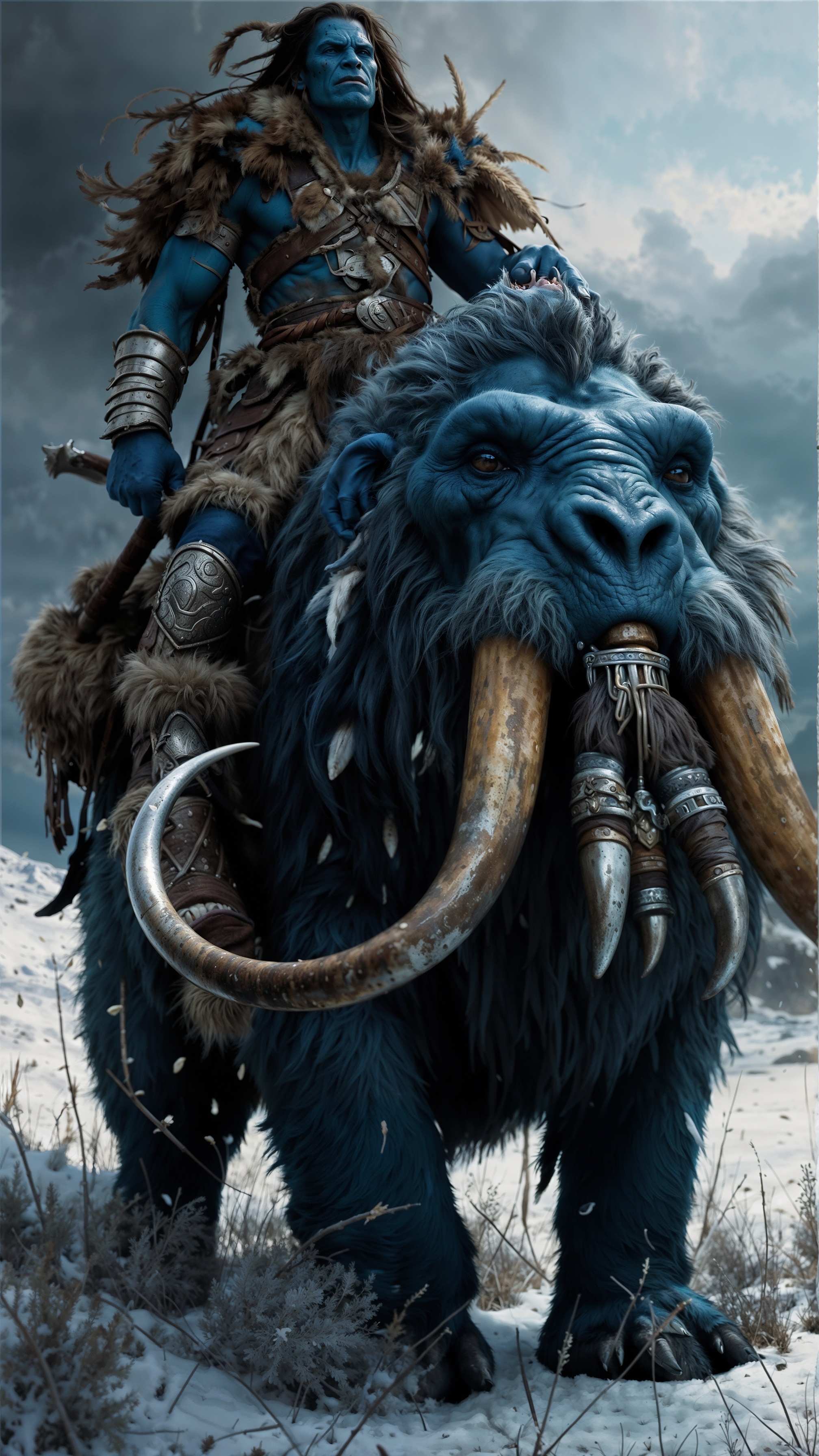 AI generated: Blue Orc Native Mammoth rider (SD XL - Character Design)
