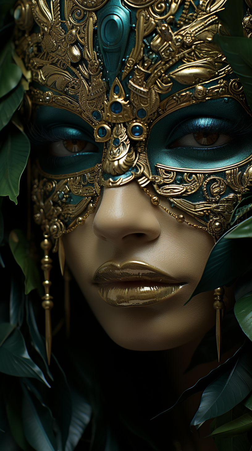 Midjourney prompt: a woman with green leaves covering her face, in th... - Midjourney