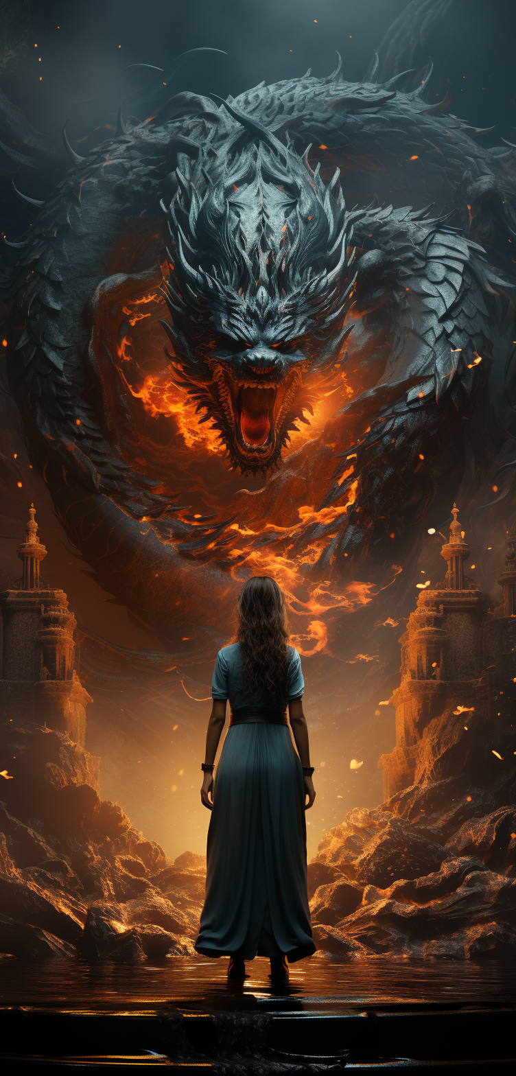 Midjourney prompt: a beautiful lady standing in front of a dragon wit... - Midjourney
