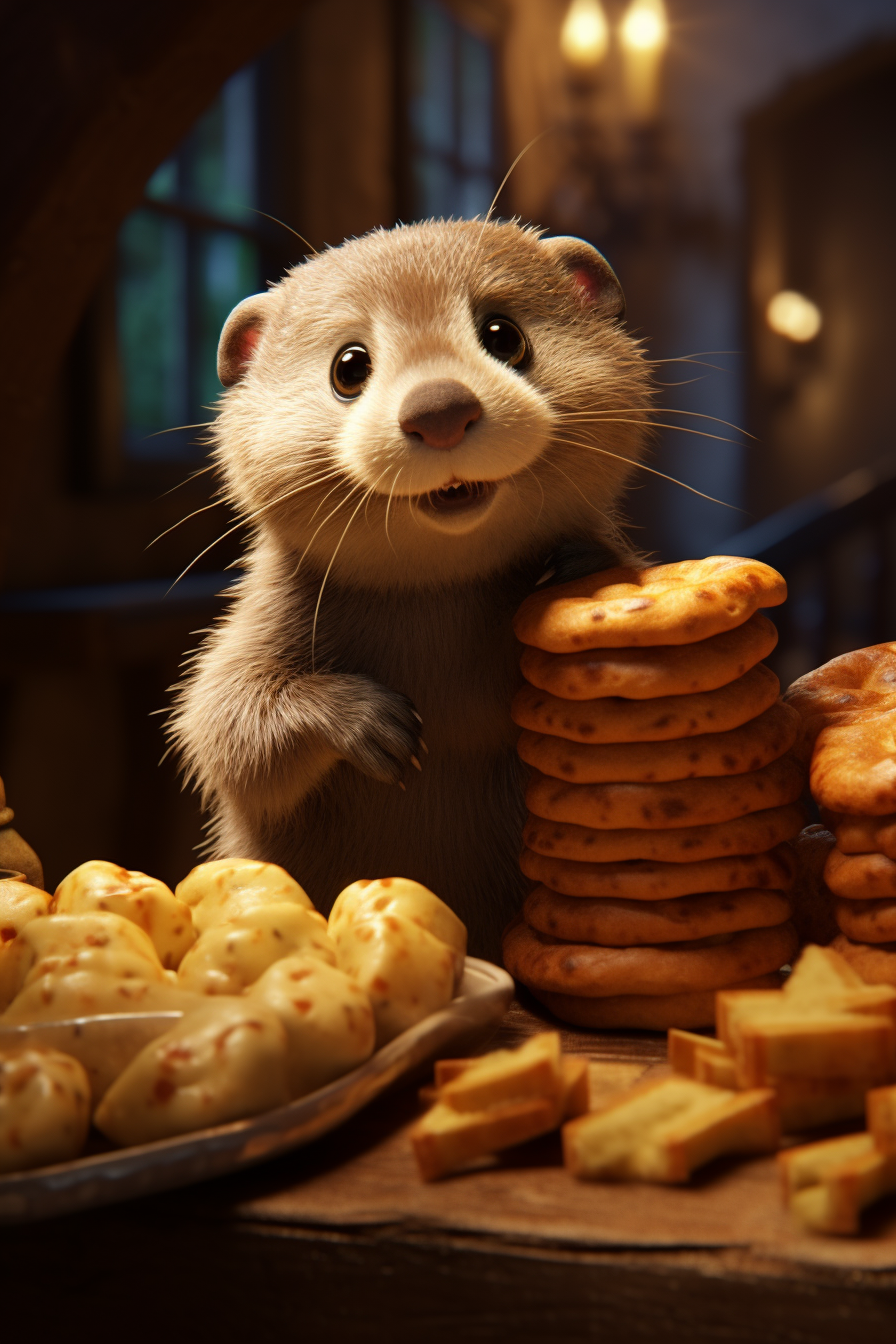 AI generated: Midjourney prompt: A cute otter who steals bread from a human table, ... (Midjourney - Character Design)