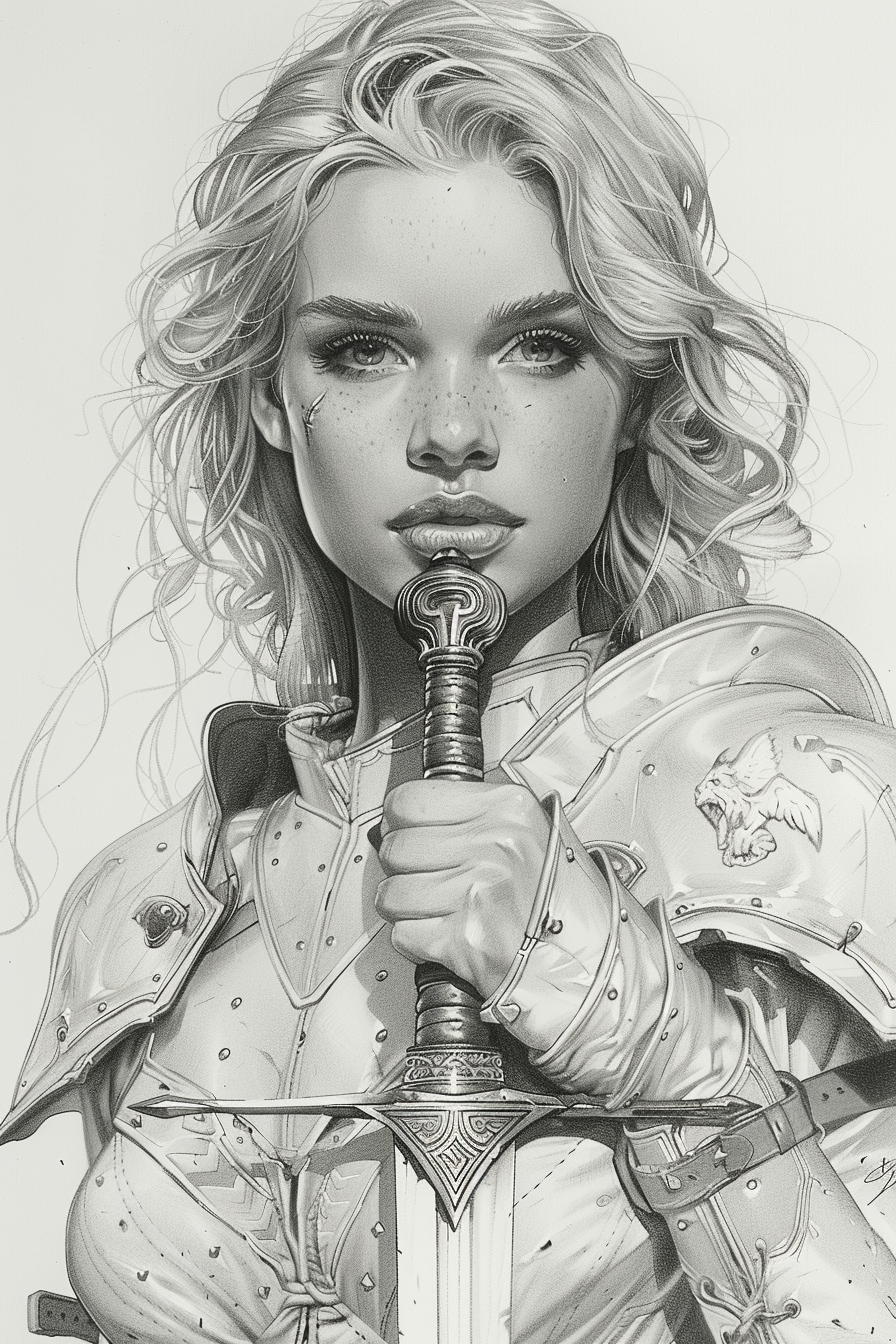 Midjourney prompt: hand-drawn portrait of an armored woman holding a ... - Midjourney