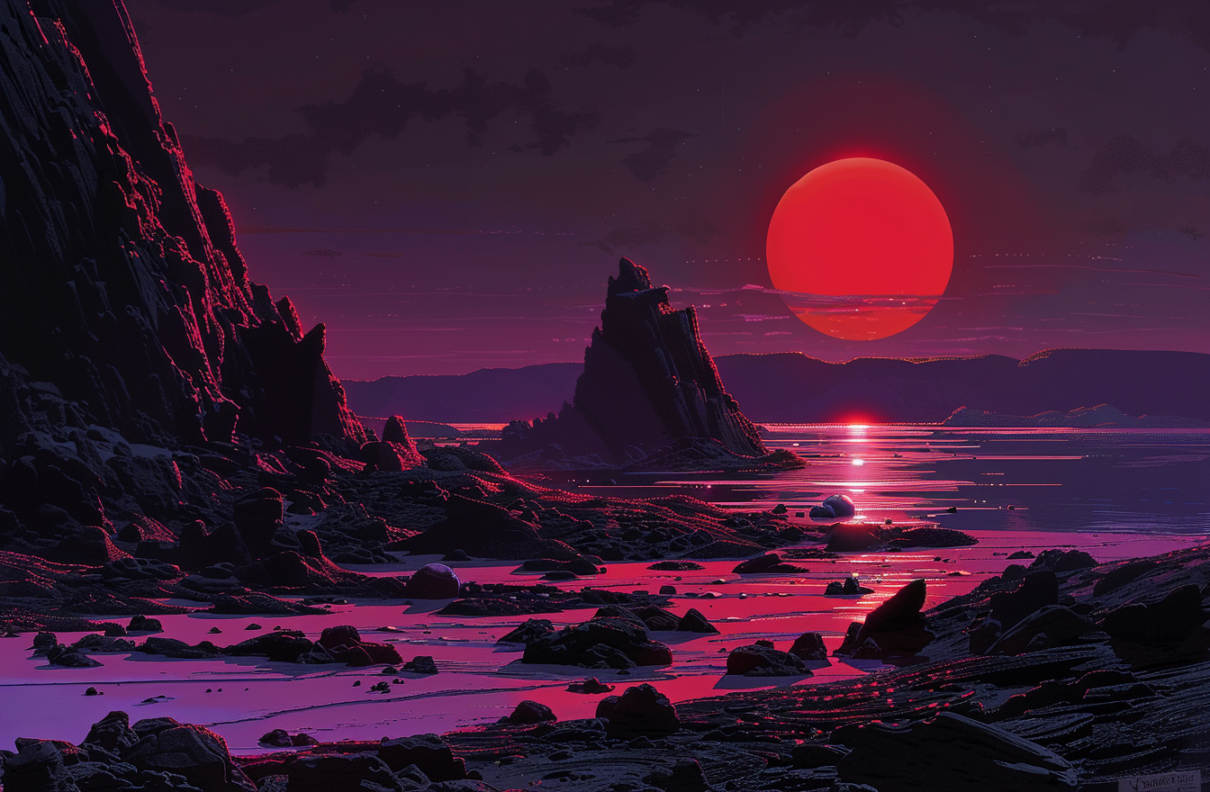 AI generated: Midjourney prompt: A red sun with black radiating rays shines on the ... (Midjourney - Concept Art)