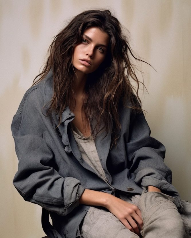 AI generated: Midjourney prompt: a woman sitting on a stool wearing a coat, i-d mag... (Midjourney - Fashion)
