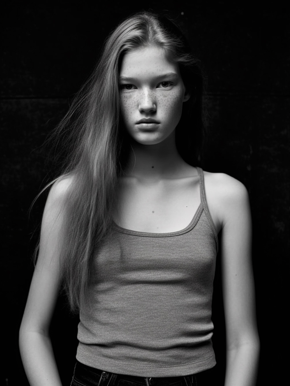 Midjourney prompt: a black and white photo of a woman in a tank top, ... - Midjourney