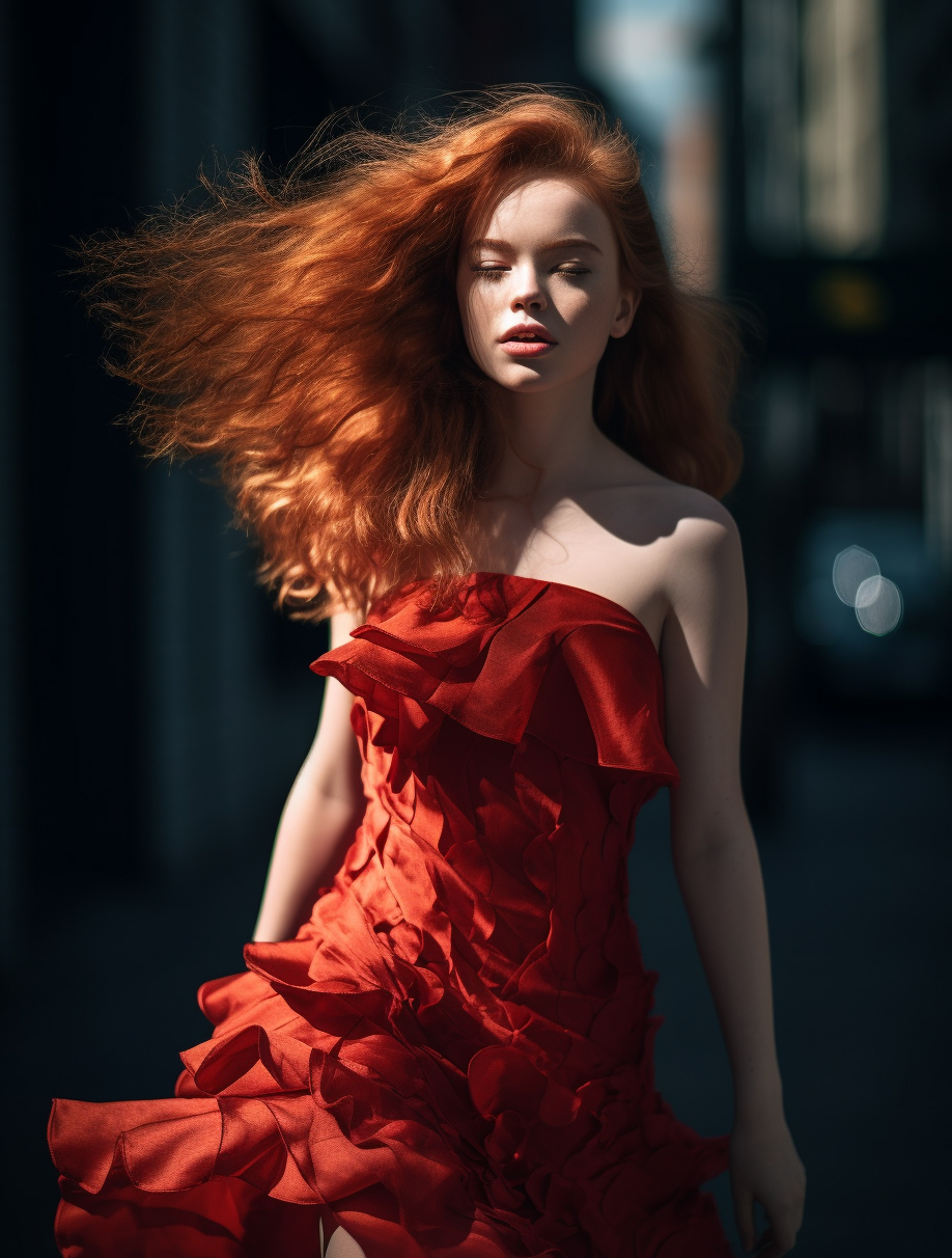 AI generated: Midjourney prompt: full body photo head-to-toe of a beautiful red hea... (Midjourney - Fashion)