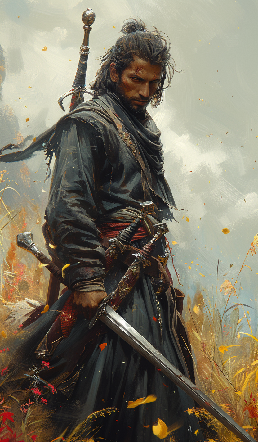 Midjourney prompt: fantasy illustration of a man holding a sword, in ... - Midjourney