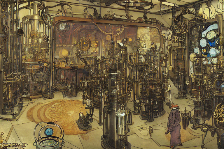 Stable Diffusion prompt: steampunk lab room filled with c...