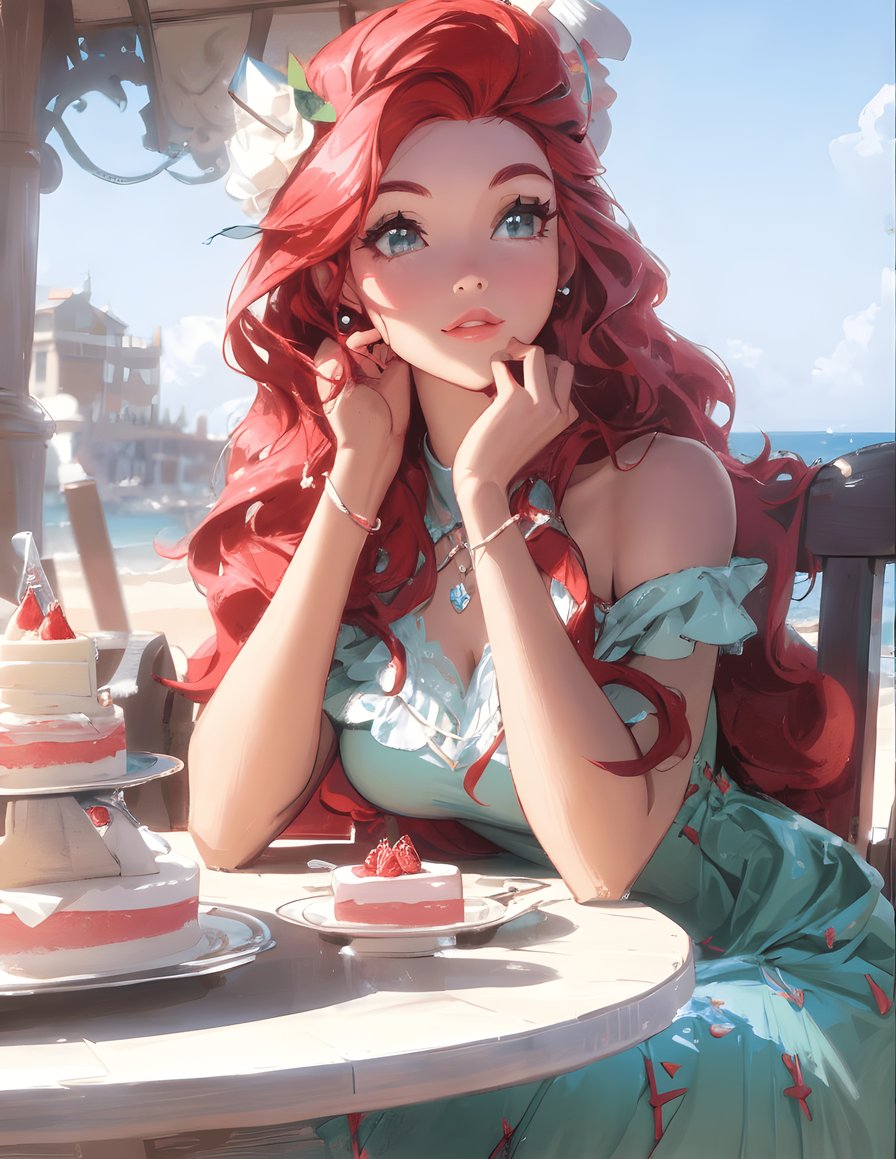 صورة مولدة بالذكاء الاصطناعي: Counterfeit-V2.5 prompt: a woman sitting at a table with a cake in front of... (نموذج Counterfeit-V2.5 - فن مفاهيمي)