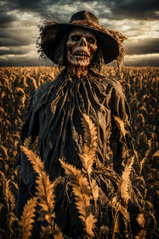 صورة مولدة بالذكاء الاصطناعي: Stable Diffusion prompt: a scary scarecrow on halloween, cornfield, cinemat... (نموذج Stable Diffusion - صور شخصية)