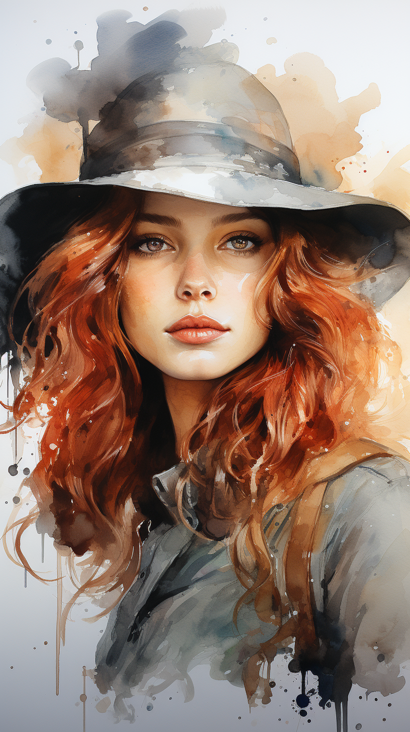 Midjourney prompt: this watercolor portrait of a girl wearing a hat, ... - Midjourney