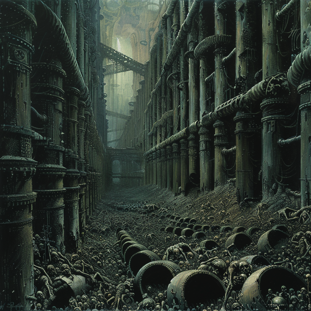صورة مولدة بالذكاء الاصطناعي: Midjourney prompt: detailed illustration of an underground factory wi... (نموذج Midjourney - فن مفاهيمي)