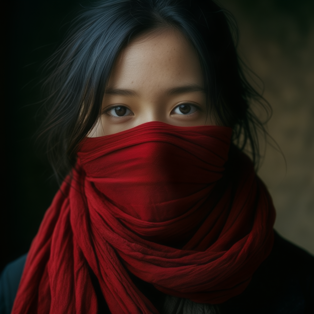 AI generated: Stable Diffusion prompt: photograph of Woman, 3/4 shot, red scarf on face, ... (Stable Diffusion - Photography)