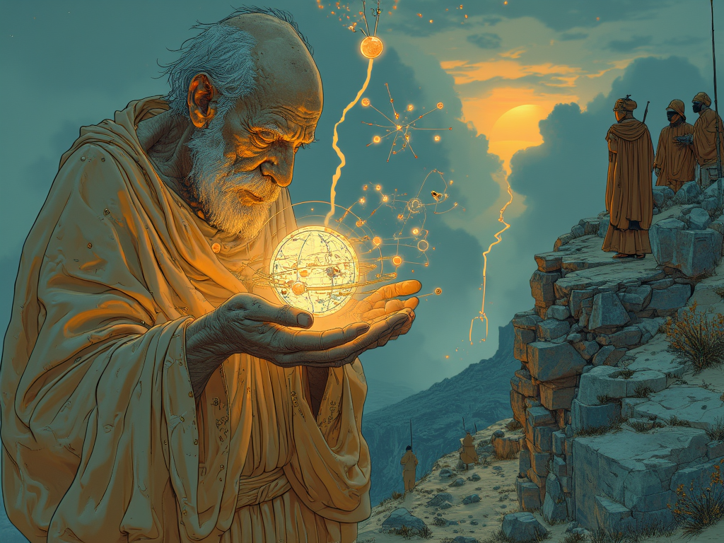 AI generated: FLUX prompt: Archimedes, an elderly but fiercely powerful figur... (FLUX - Character Design)