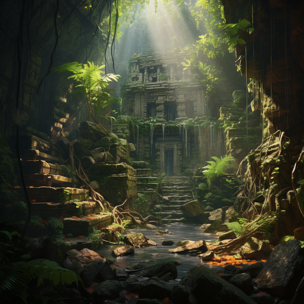 صورة مولدة بالذكاء الاصطناعي: Midjourney prompt: ancient hidden temple found deep inside a lush rai... (نموذج Midjourney - مناظر طبيعية)