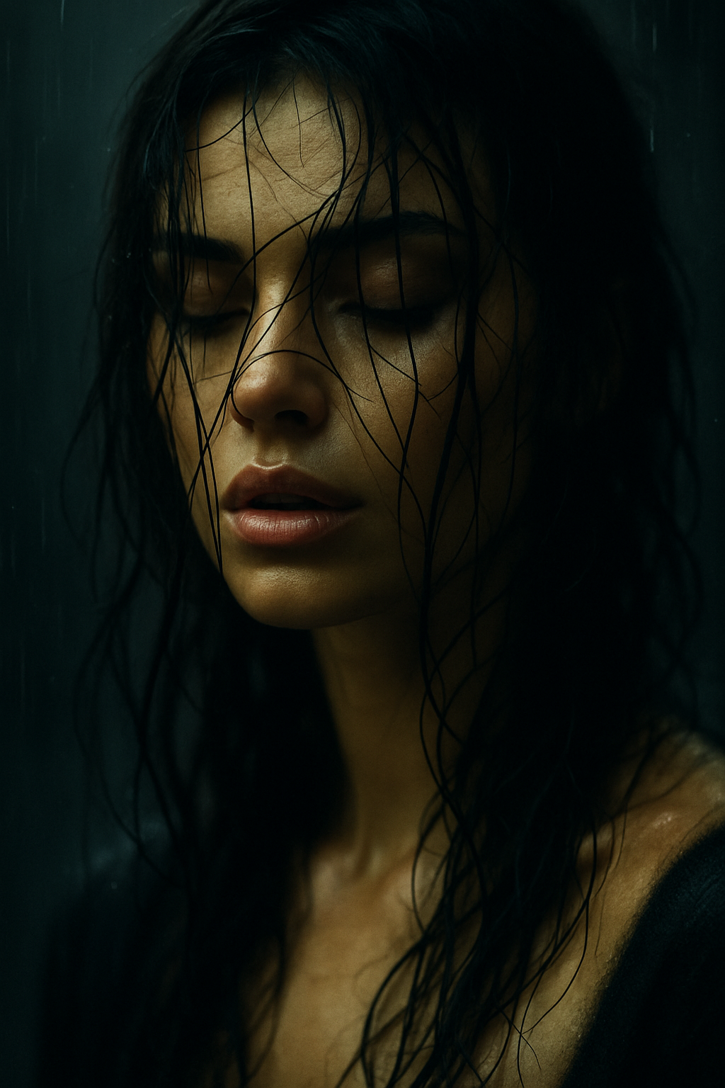 AI generated: ChatGPT Image prompt: create an image of Rain-kissed strands of hair fal... (ChatGPT Image - Concept Art)