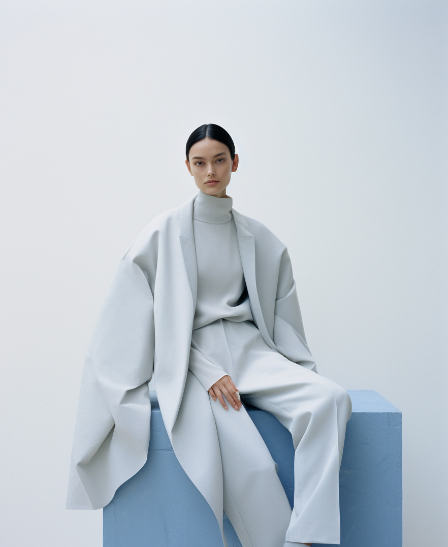 AI generated: Midjourney prompt: a woman sitting on top of a white cube, official j... (Midjourney - Fashion)