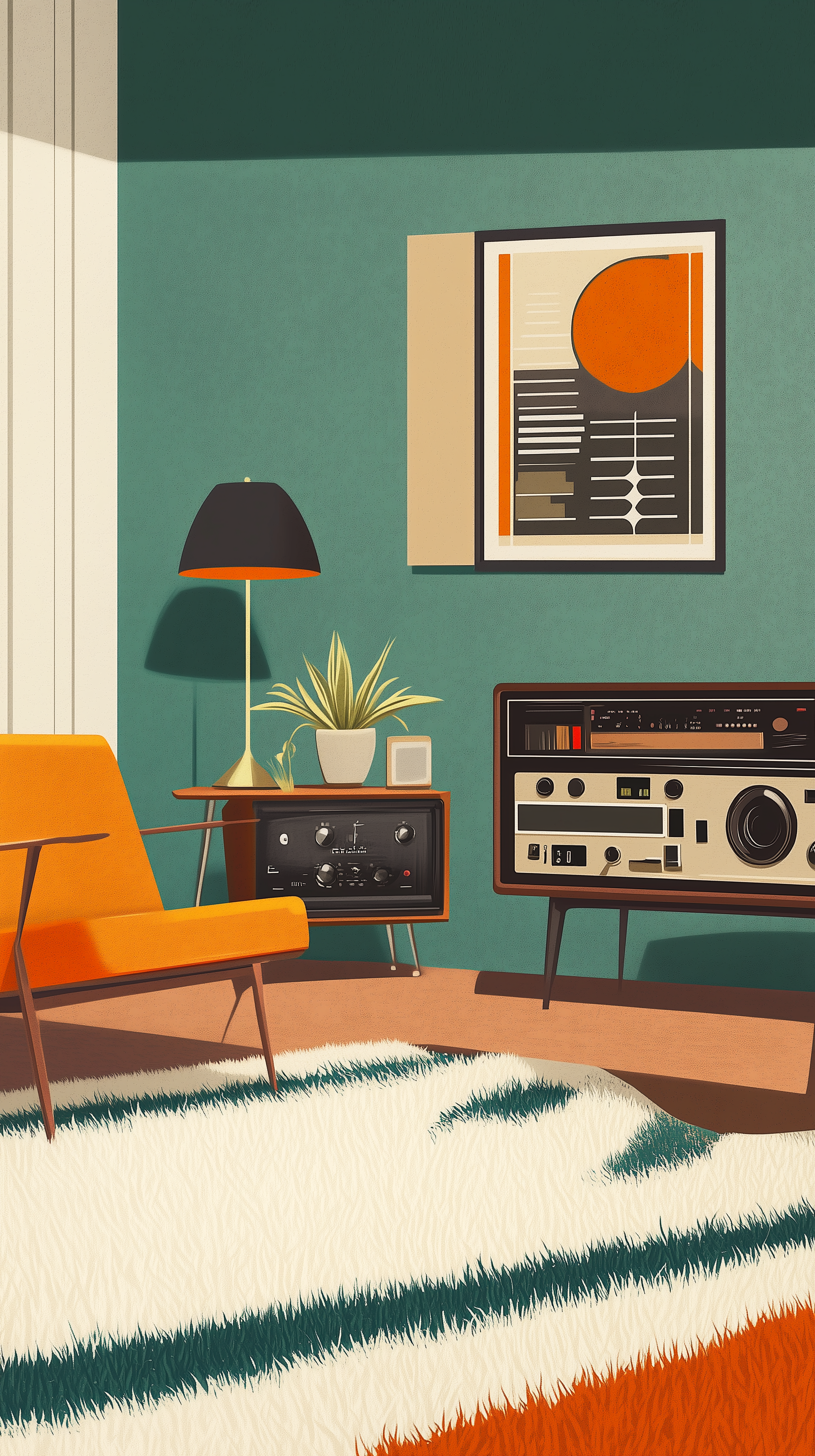 Midjourney prompt: retro-inspired lounge with shaggy rugs, vintage st... - Midjourney