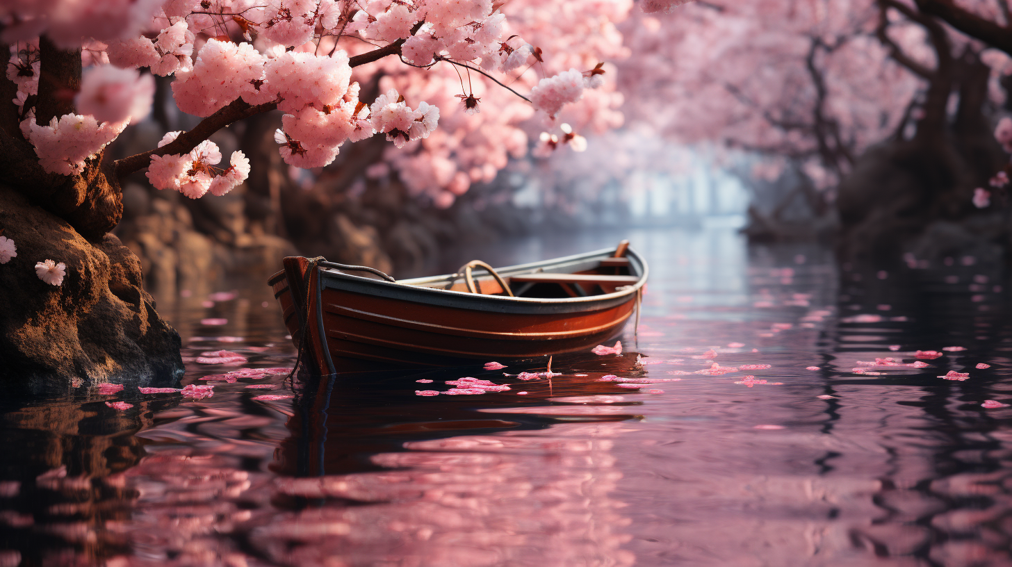 Midjourney prompt: a boat in the middle of the cherry blossoms, in th... - Midjourney
