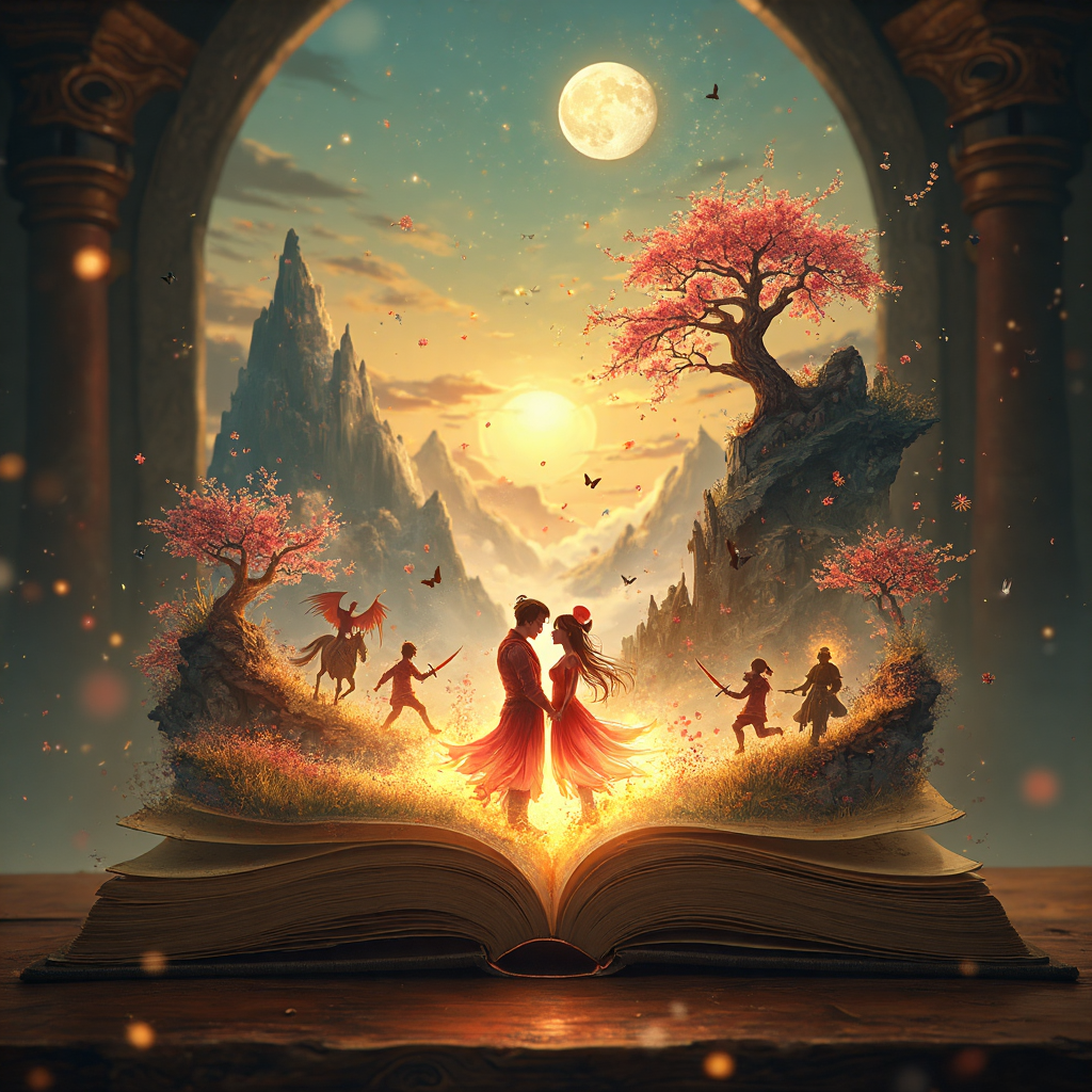 صورة مولدة بالذكاء الاصطناعي: FLUX prompt: A mystical, ancient book lies open on a grand wood... (نموذج FLUX - فن مفاهيمي)