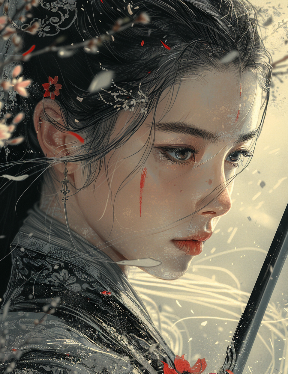 AI generated: Midjourney prompt: a drawing of a woman with a sword, in the style of... (Midjourney - Portraits)