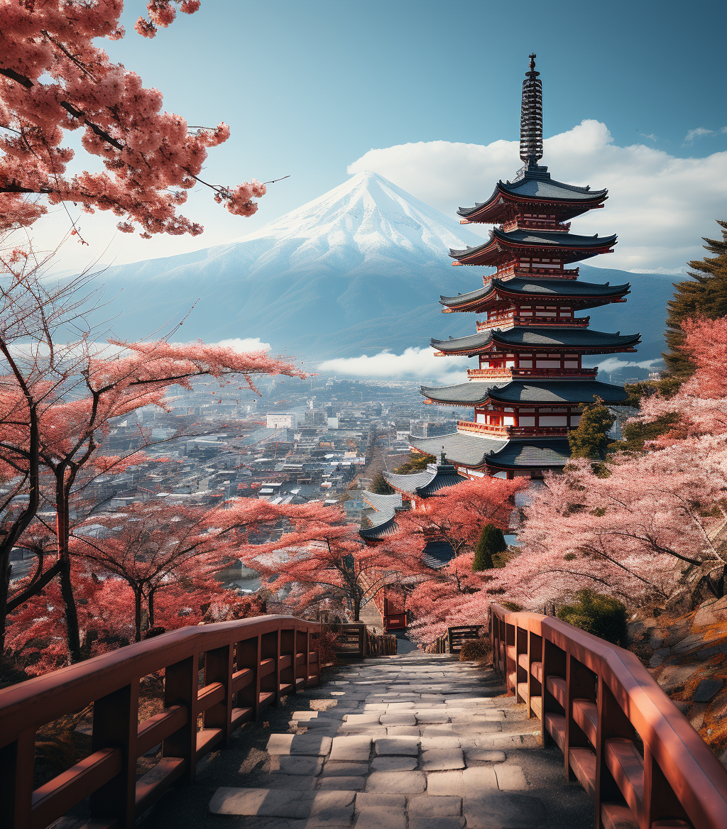 AI generated: Midjourney prompt: a traditional pagoda surrounded by blooming cherry... (Midjourney - Landscapes)