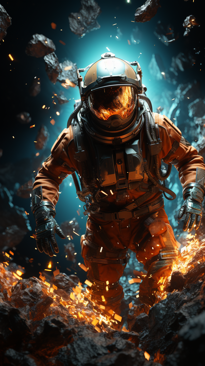 AI generated: Midjourney prompt: space astronaut in spacesuit and flying past lava ... (Midjourney - Photography)