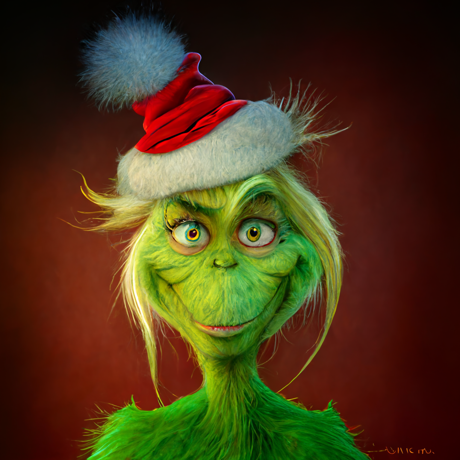 Midjourney prompt: Dr. Seuss Grinch, portrait as a real p...