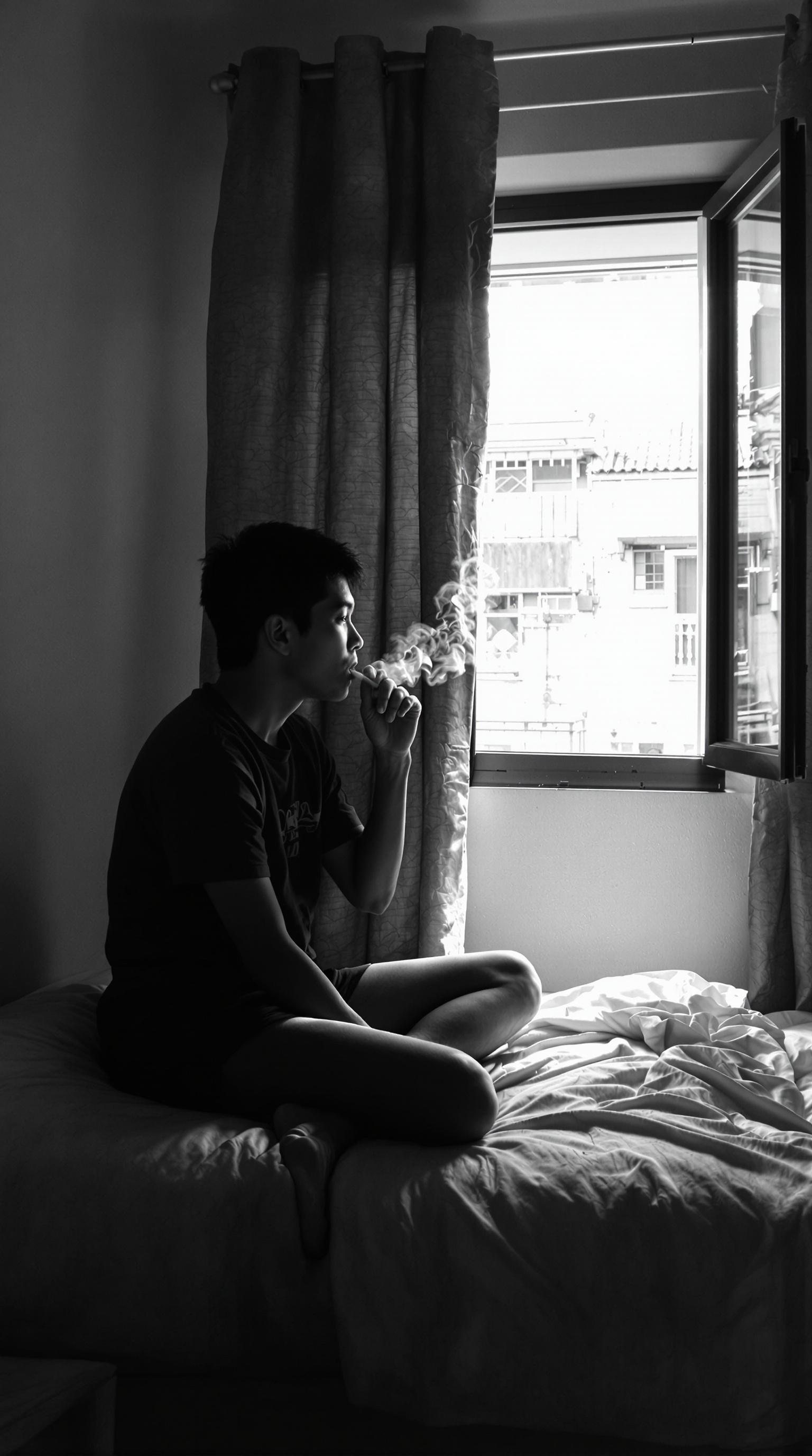 FLUX prompt: Cinematic black and white, an Asian looking boy is... - FLUX