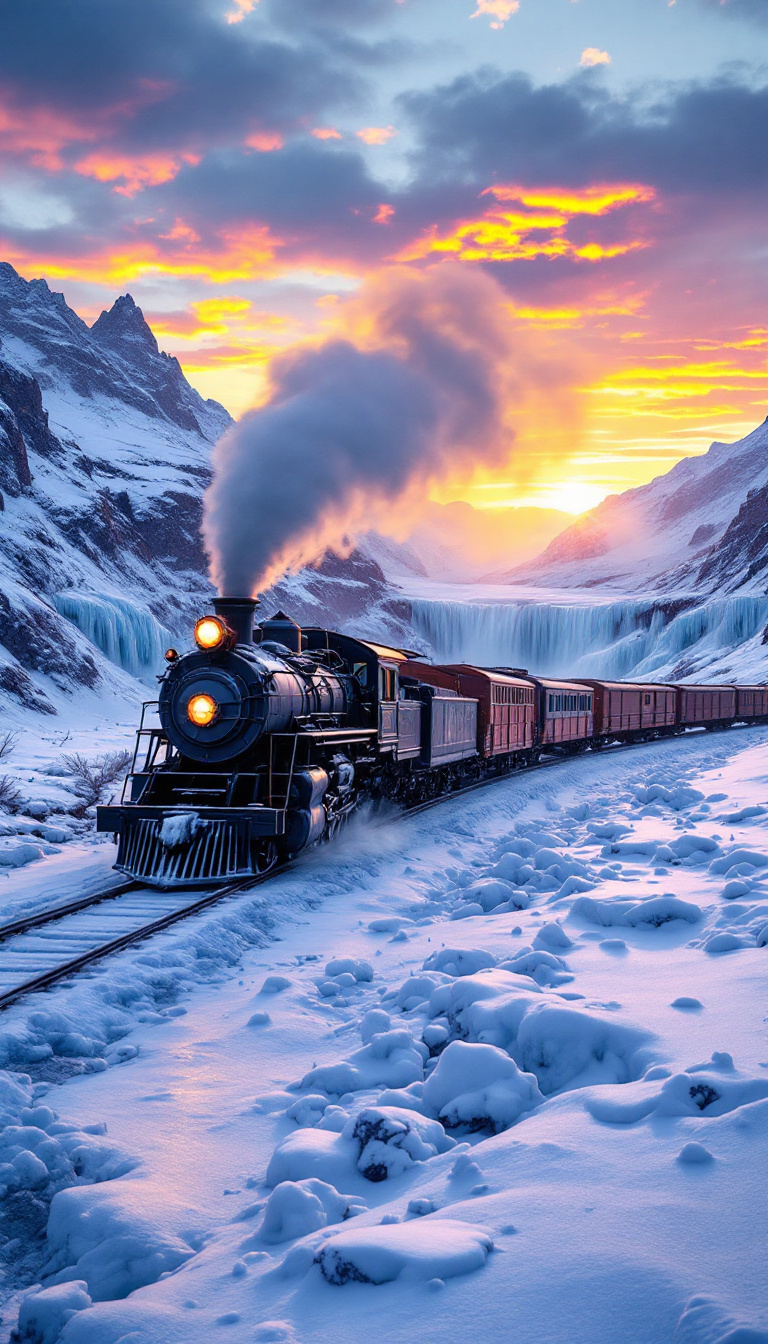 AI generated: FLUX prompt: An old locomotive pulling several box cars is goin... (FLUX - Landscapes)